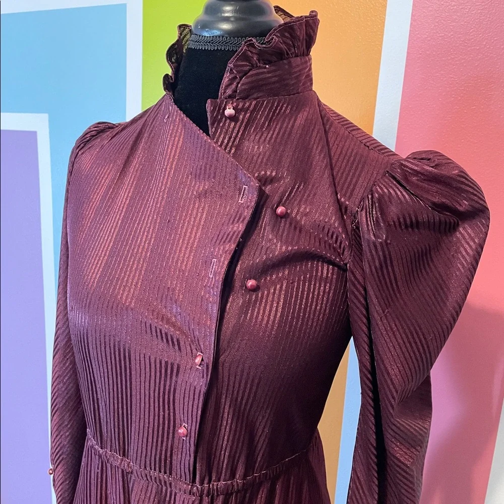 Vintage Merlot Ruffle High-Neck Puff Sleeve Dress - Picture 2 of 12